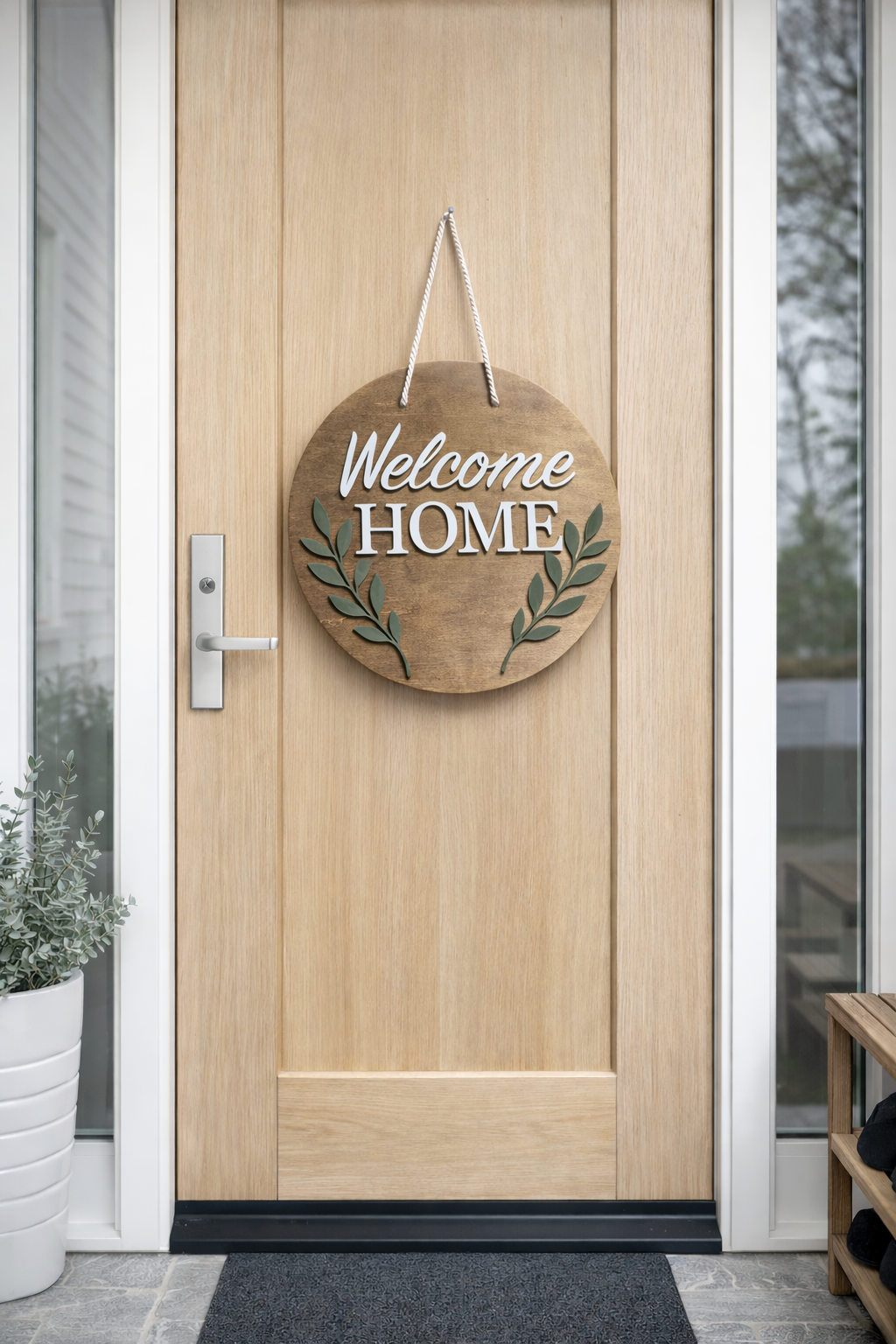 Wooden 'Welcome Home' sign hanging on a wooden door.