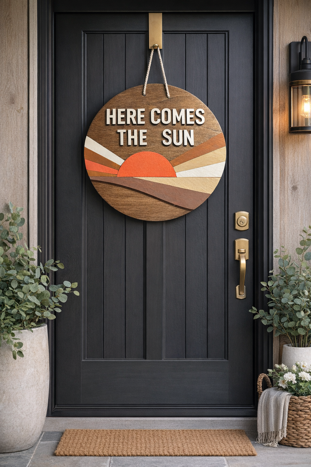 Here Comes the Sun – 18” Round Layered Wood Door Sign