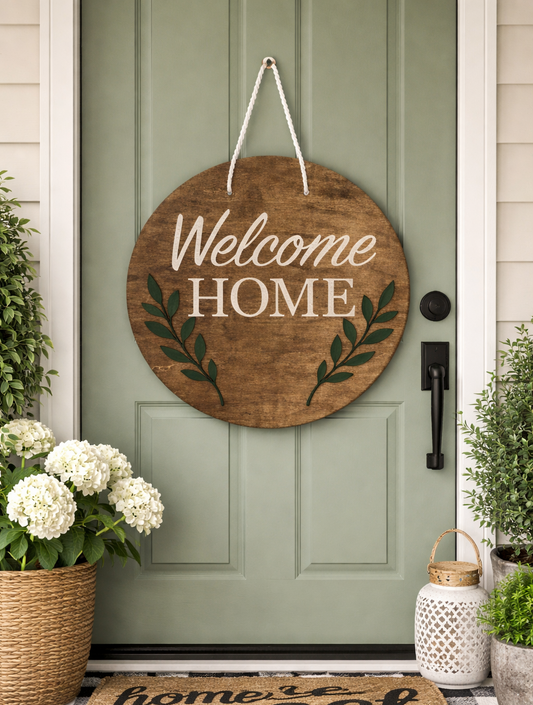 Front door with 'Welcome Home' sign, plants, and doormat on a porch.
