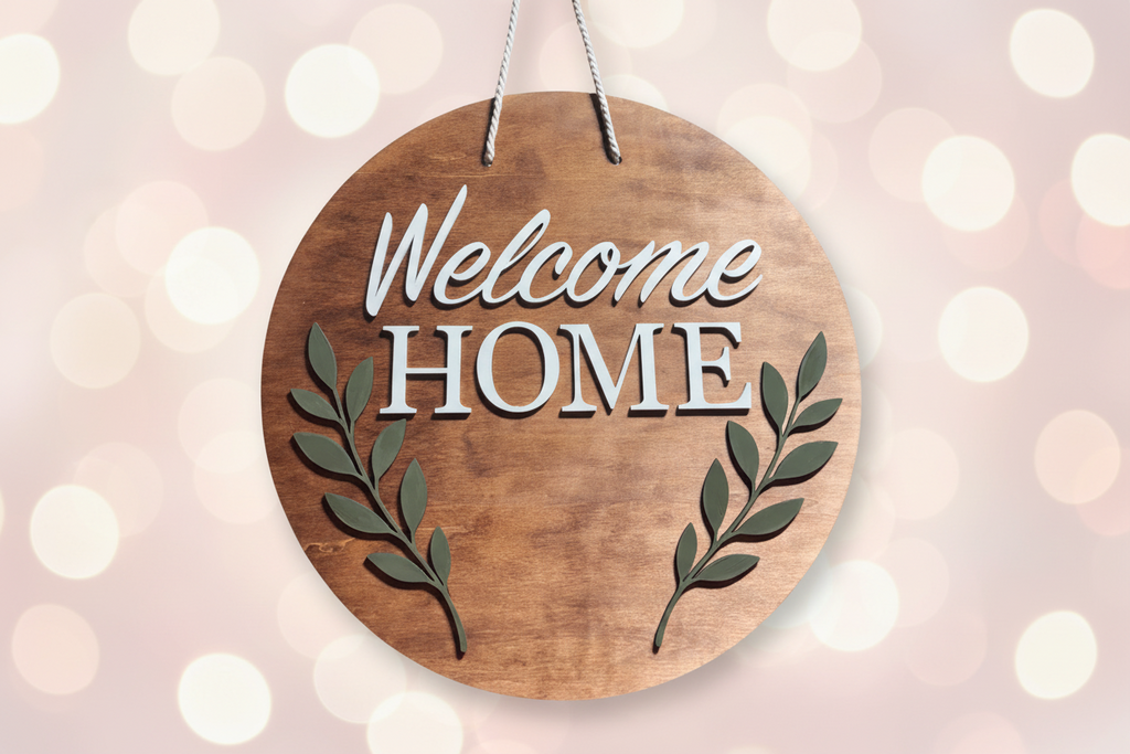 Welcome Home | 18” Round Layered Wood Door Sign